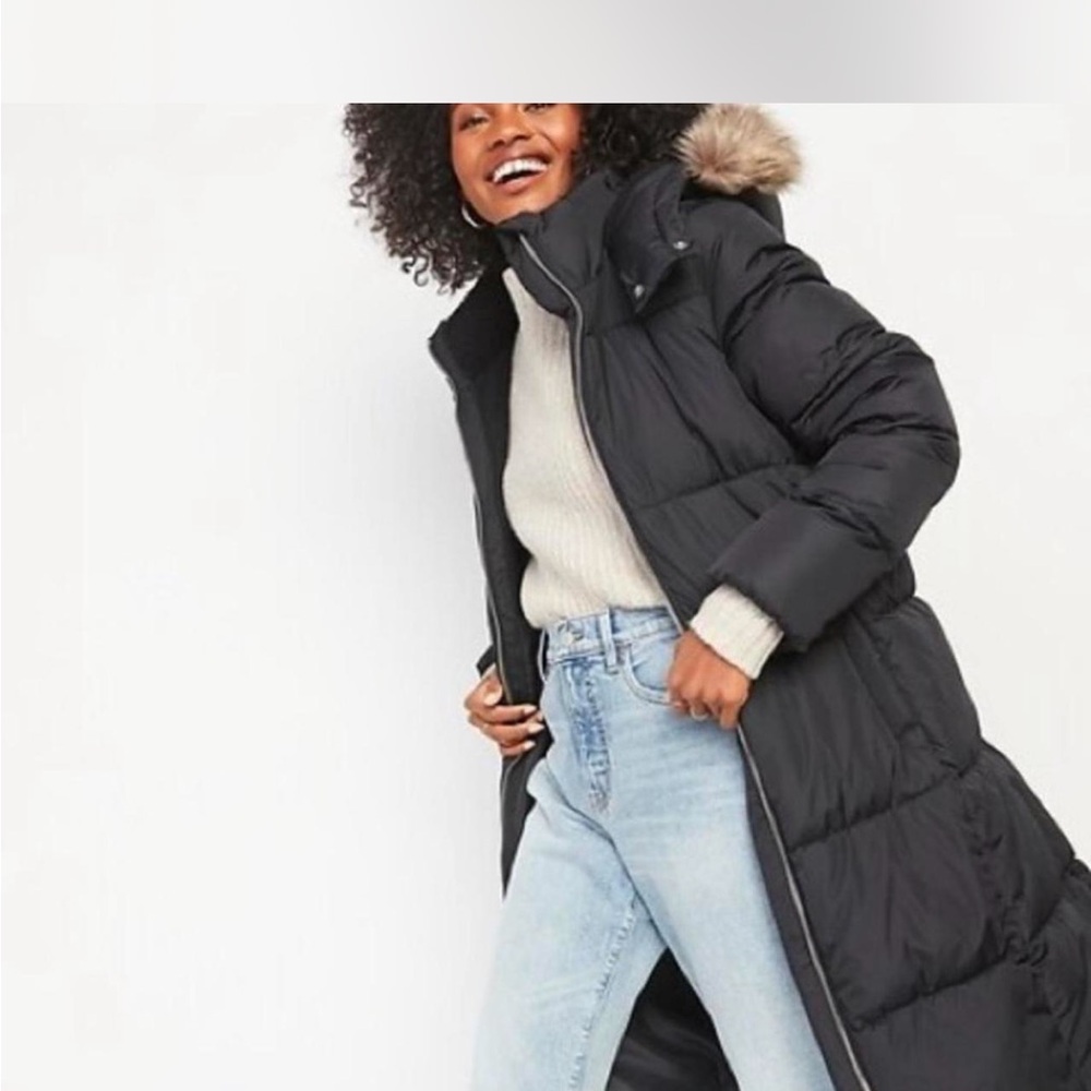 Old Navy Black Puffer Coat with Faux Fur Hood